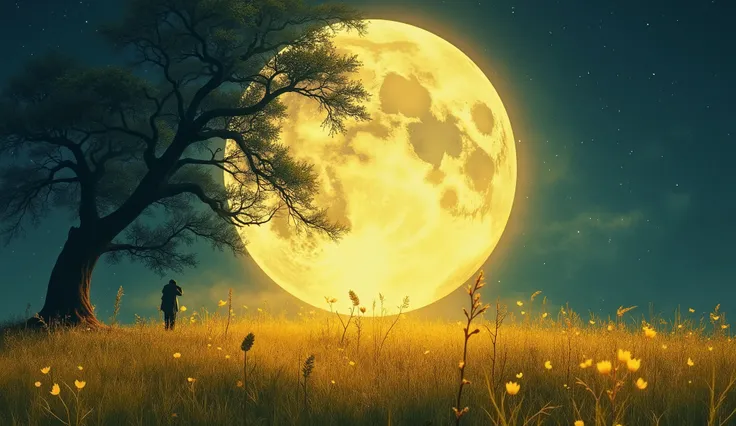 vector arte, . A stunning meadow at night, under a giant full moon, with the wind blowing. In the background, a shadow of a tree bends under the force of the wind, its leaves torn away floating in the sky like distant butterflies. palette golden, black, a...
