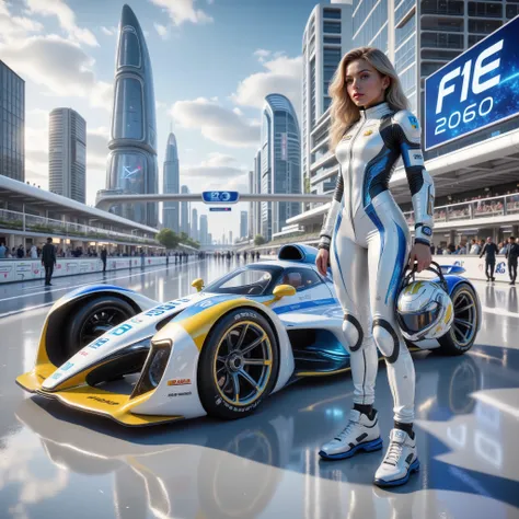 Futuristic F1 racing car, white, yellow and blue shiny body, futuristic appearance, a female racer in a futuristic white and blue tight racing suit is leaning on the side of the car body, she is about 20 years old, long-haired blonde, she is smiling and ho...