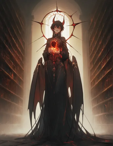 1girl,library_bat_lich, parchment_wings, ink_drip_teeth, tome_ribcage, cursed_reading_room
,masterpiece, best quality, newest, highres, absurdres,