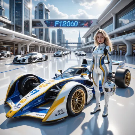 Futuristic F1 racing car, white, yellow and blue shiny body, futuristic appearance, a female racer in a futuristic white and blue tight racing suit is leaning on the side of the car body, she is about 20 years old, long-haired blonde, she is smiling and ho...
