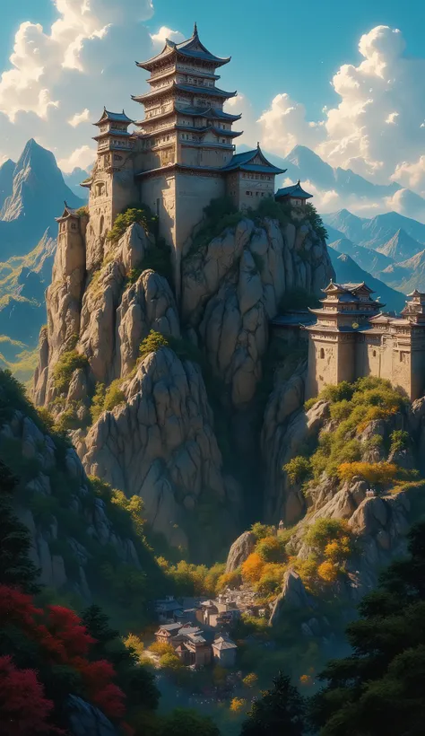 high resolution images、(Mountainの上の日本の城)Mountain々Castle architecture 、pictures of Takeda Castle in Harima、picturesque background、Digital image 、Ancient castle shining in high resolution background、 Dreamy Castle 、非常に詳細なDigital image 、HIGH RESOLUTION DIGI...