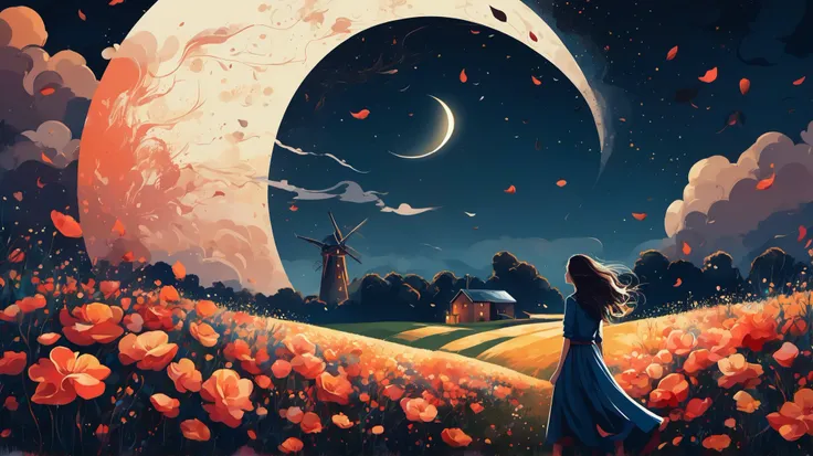 vetor arte, minimalista, a field of flowers, in the distance an old mill, textures, it appears as a shadow, In front of the majestic Moon, The wind causes flower petals to fly, giving a mystical air to the scene, In the foreground, The Shadow of a Girl, wa...