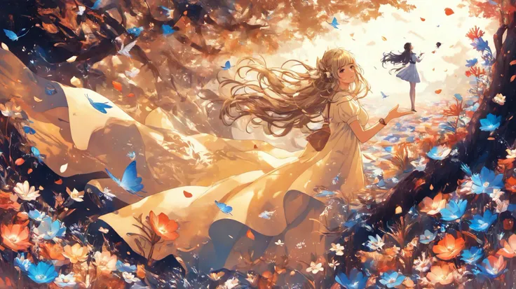 vetor arte, minimalista, a field of flowers, in the distance a tree bent by the wind, it appears as a shadow, In front of the majestic Moon, The wind causes flower petals and tree leaves to fly, giving a mystical air to the scene, In the foreground, The sh...