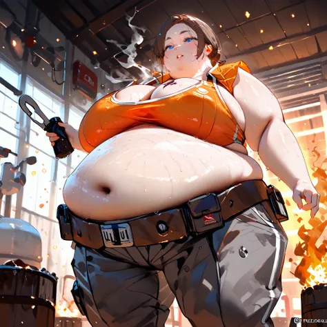 score_9,score_8_up,score_7_up,score_6_up,score_5_up,score_4_up, Elliexl,short brown hair,blue eyes,chest tattoo, plump, cleavage, one big belly bbw girl,  wearing an (undersized orange sports bra top) and (large baggy cargo workpants), (wet skin, sweaty sk...