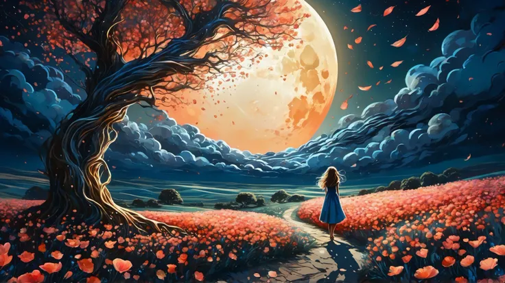 vetor arte, surreal, a field of flowers, in the distance an old tree, textures, it appears as a shadow, In front of the majestic Moon, The wind causes flower petals to fly, giving a mystical air to the scene, In the foreground, The Shadow of a Girl, watche...