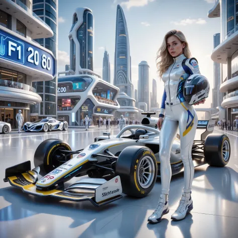 Futuristic F1 racing car, white, yellow and blue shiny body, futuristic appearance, a female racer in a futuristic white and blue tight racing suit is leaning on the side of the car body, she is about 20 years old, long-haired blonde, she is smiling and ho...