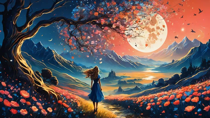 vetor arte, surreal, a field of flowers, in the distance an old tree, mountains, textures, it appears as a shadow, In front of the majestic Moon, The wind causes flower petals to fly, giving a mystical air to the scene, In the foreground, The Shadow of a G...