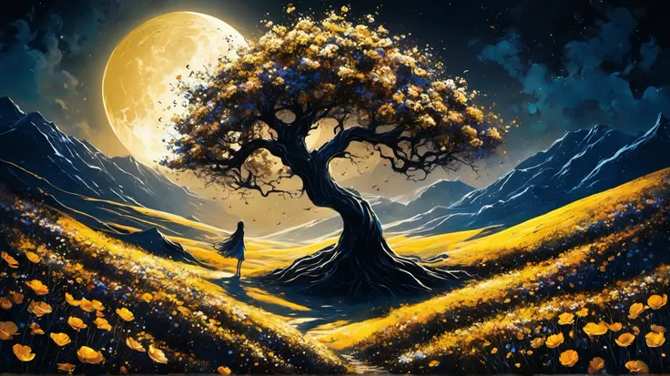 vetor arte, surreal, a field of flowers, in the distance an old tree, mountains, textures, it appears as a shadow, In front of the majestic crescent Moon, The wind causes flower petals to fly, giving a mystical air to the scene, In the foreground, The Shad...