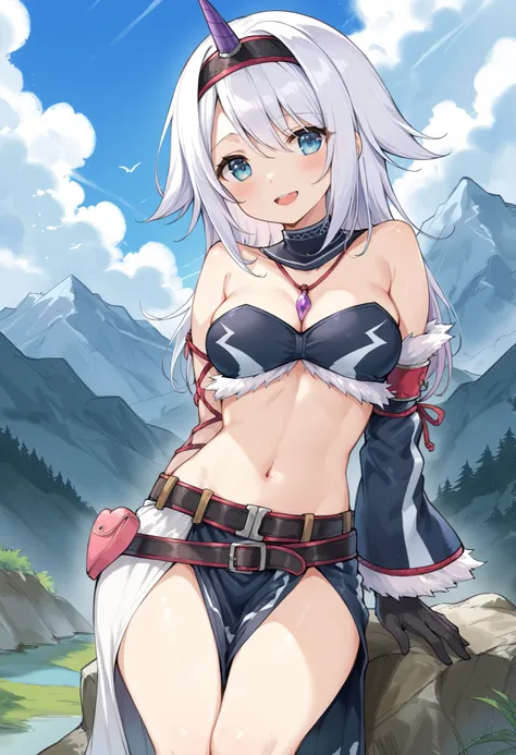 ( score_9:0.9), score_8_up, score_7_up,rating_explicit, anime style,(zPDXL), r armor, purple single horn headband, oung_girl, Alone, long_gloves, black_knee_high , white_long_hair, shaggy_bang,Blue Eyes, under the arm, arms, medium_breasts , black_tube...