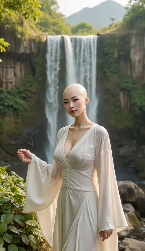 A serene young woman named NgaMi with a ((completely bald head, no hair)), ((delicate and beautiful face, refined facial features, elegant expression)), wearing a traditional Hanfu, a historical Chinese garment, in soft white with ((wide flowing sleeves, l...
