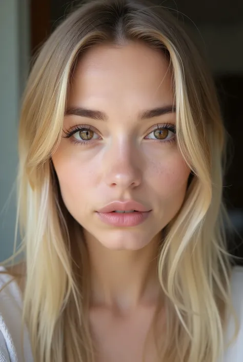 Photo of a woman with textured white skin, with blond straight hair, light brown eyebrows, square face, almond-shaped dark brown eyes, Tall Growth, long black eyelashes , The nose is medium-sized, without makeup. Girl looking right into the frame, full fa...