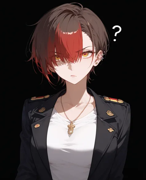 girl,ผมสีน้ำตาล,in yellow eyes, hair over eyes, Tomboy,piercing ears,medium chest,ผมสีดำ,(red right eye and yellow left eye),black background,standing,for short hair, brown hair,serious page,Long Eyelashes,slim,Confused,Black Coat,Long Sleeve T-Shirt,Butto...