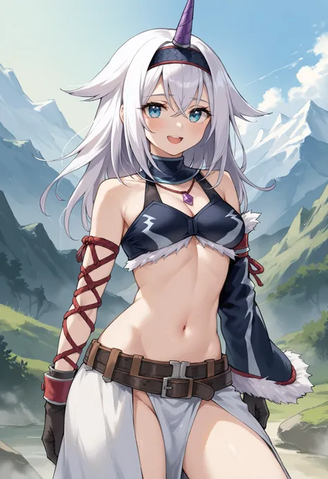( score_9:0.9), score_8_up, score_7_up,rating_explicit, anime style,(zPDXL), r armor, purple single horn headband, oung_girl, Alone, long_gloves, black_knee_high , white_long_hair, shaggy_bang,Blue Eyes, under the arm, arms, medium_breasts , black_tube...