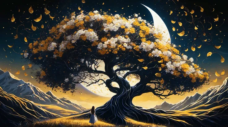 vetor arte, surreal, a field of flowers, in the distance an old tree, mountains, textures, it appears as a shadow, In front of the majestic crescent Moon, The wind causes flower petals to fly, giving a mystical air to the scene, In the foreground, The Shad...