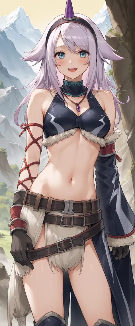 ( score_9:0.9), score_8_up, score_7_up,rating_explicit, anime style,(zPDXL), r armor, purple single horn headband, oung_girl, Alone, long_gloves, black_knee_high , white_long_hair, shaggy_bang,Blue Eyes, under the arm, arms, medium_breasts , black_tube...