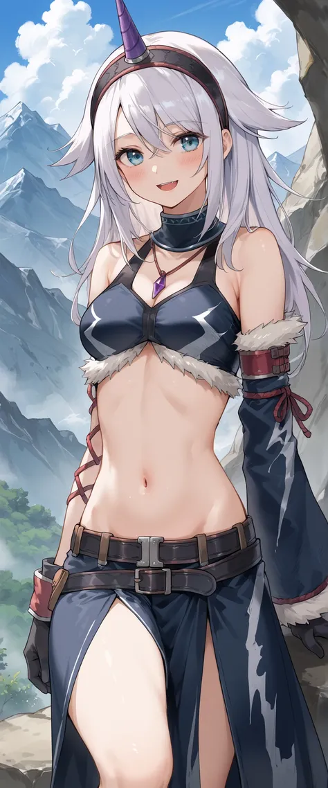 ( score_9:0.9), score_8_up, score_7_up,rating_explicit, anime style,(zPDXL), r armor, purple single horn headband, oung_girl, Alone, long_gloves, black_knee_high , white_long_hair, shaggy_bang,Blue Eyes, under the arm, arms, medium_breasts , black_tube...