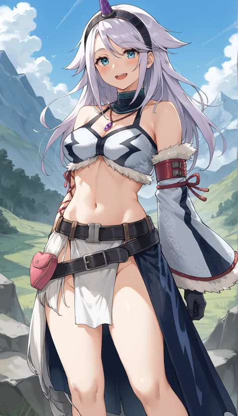 ( score_9:0.9), score_8_up, score_7_up,rating_explicit, anime style,(zPDXL), r armor, purple single horn headband, oung_girl, Alone, long_gloves, black_knee_high , white_long_hair, shaggy_bang,Blue Eyes, under the arm, arms, medium_breasts , black_tube...