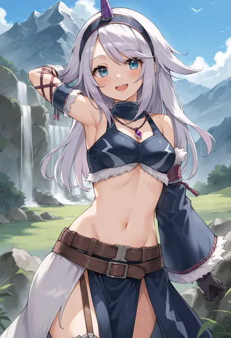 ( score_9:0.9), score_8_up, score_7_up,rating_explicit, anime style,(zPDXL), r armor, purple single horn headband, young_girl, Alone, long_gloves, black_knee_high , white_long_hair, shaggy_bang,Blue Eyes, under the arm, arms, medium_breasts , black_tub...