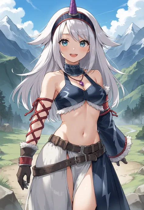 ( score_9:0.9), score_8_up, score_7_up,rating_explicit, anime style,(zPDXL), r armor, purple single horn headband, young_girl, Alone, long_gloves, black_knee_high , white_long_hair, shaggy_bang,Blue Eyes, under the arm, arms, medium_breasts , black_tub...