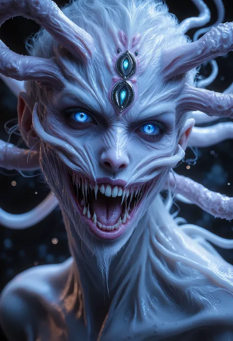 (stuninng photo by professional photographer, Best Quality, 4K, 8k, High Resolution, Masterpiece: 1.2), (Super Detailed, realistic, photorealistic:1.37),(4 iridescent eyes:1.5), four eyes, scary and sexy detailed art in color, Portrait, (beautiful and obsc...
