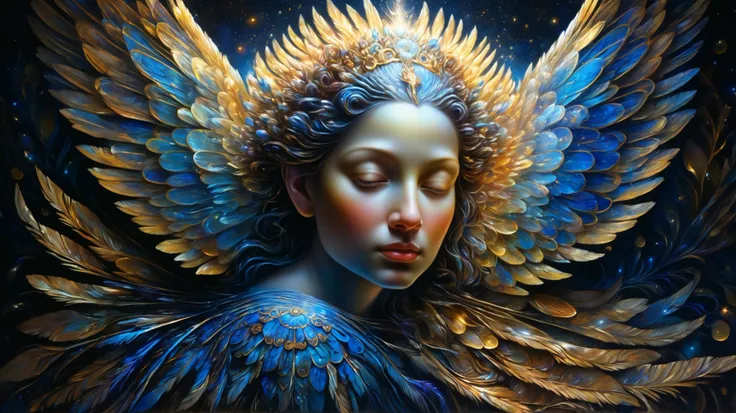 A majestic seraphim with flowing striped wings, each feather intricately patterned with glowing celestial stripes, floating in a surreal, ethereal space filled with shimmering particles and soft light. The background features a blend of deep blues and gold...