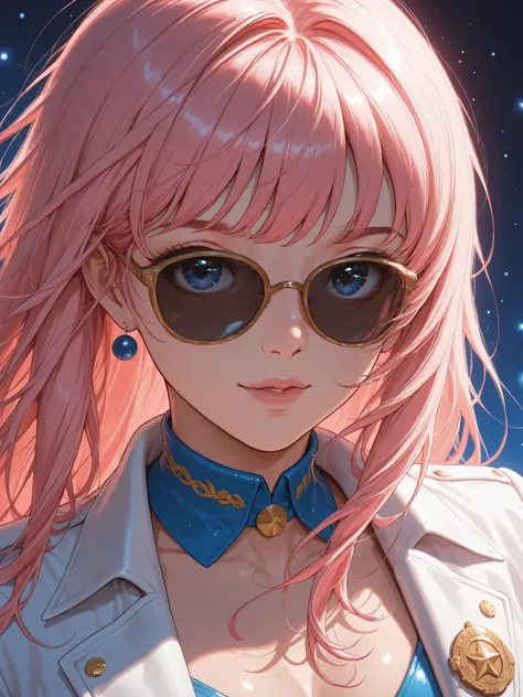 Best gravure, Award-winning gravure, Front View Portrait of a Cute female Wearing 1960s Space Age Fashion, Taken with Canon EOS R5, Set strong contrast to highlight the subject, fluorescent blue tone, 1960s Style Wearing Extremely Modern Coat and Sunglass...