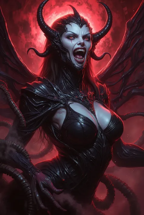 Terrible Devil, scary female Beelzebub, (Queen of Flies:1.5),high quality,realistic 3D, horror art, Magician,daemon,dark vibe,red and black colors, extremely detailed, masterpiece,4K realistic with lots of detail,photorealistic,Extreme Detailed Expression,...