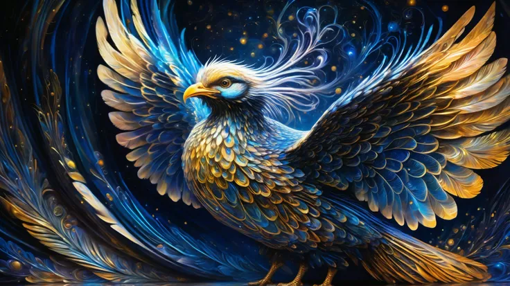 A majestic seraphim with flowing striped wings, each feather intricately patterned with glowing celestial stripes, floating in a surreal, ethereal space filled with shimmering particles and soft light. The background features a blend of deep blues and gold...