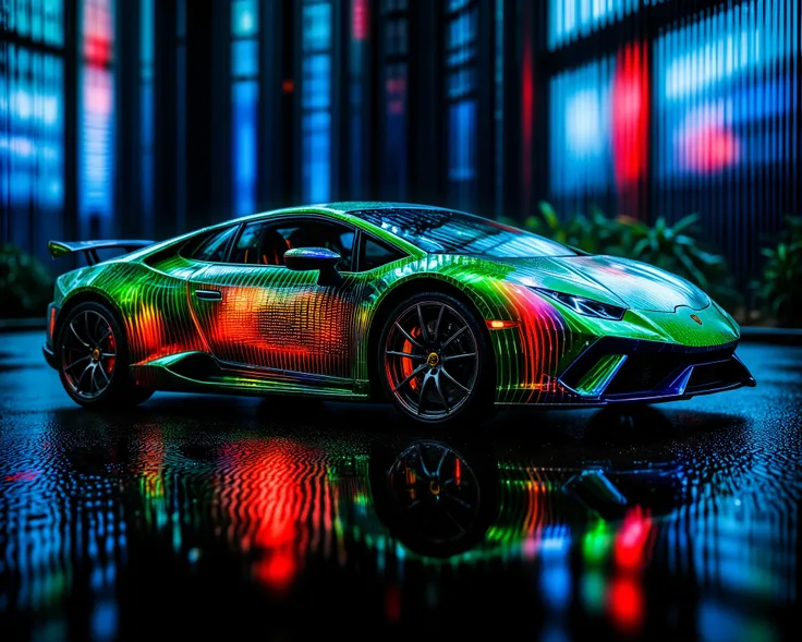 8K, Masterpiece, ultra detailed, High-tech, futuristic, rendering of a Lamborghini Huracan. Super car. Silhouette of a vehicle. Internal components are visible as a translucent, glowing network of lines and wires. Modern, sleek design. Exterior of car ...