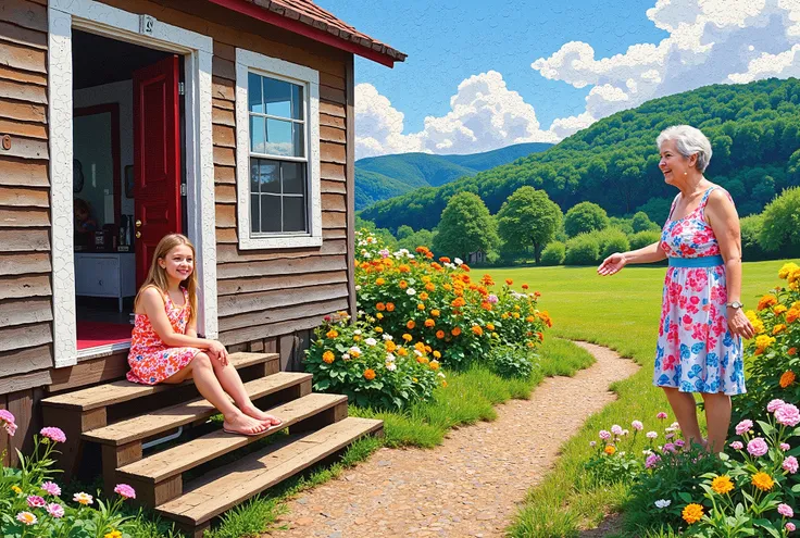 Create a pointilism art painting of a rural house scene showing a sitting on the front steps of her house waiting for her grandmother who is walking towards her with a smiling face. This image is sharp and detailed, cheerful, and full of bright colors.