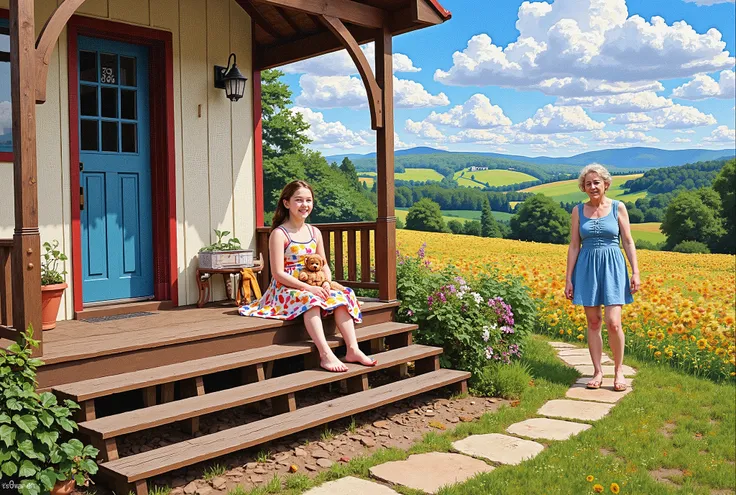 Create a pointilism art painting of a rural house scene where a is seen sitting on the front steps of her house holding a teddy bear waiting for her grandmother who is walking towards her with a smiling face. This image is sharp and detailed, cheerful, an...
