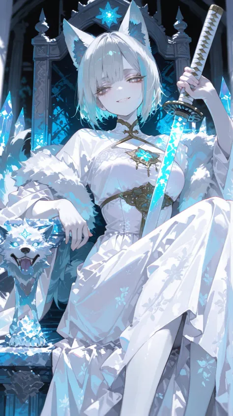 masterpiece,best quality,amazing quality,very aesthetic, depth of field, detailed background, 1girl, solo, glowing pastel blue colored short wolf cut hair, light-grey eyes, white long eye lashes white pupils, small face, white skin, white metalic covered o...