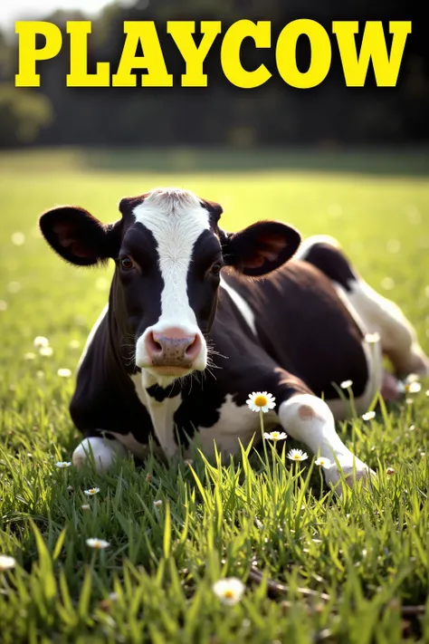 A high-quality, satirical image styled like a parody of a classic Playboy magazine cover, but with a comedic twist. At the center of the cover, in a lush green field under soft golden light, a Holstein Friesian cow is lying on its side in a comically seduc...