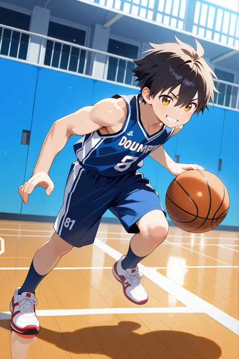 masterpiece, best quality, Ultra High Resolution, anime style, male focus, Basketball match, japanese boy, high school students, Dumping, Dynamic Capture, very handsome, Perfect Face, Cute Face, Clear and beautiful detailed eyes, black short hair, Shiny Ha...