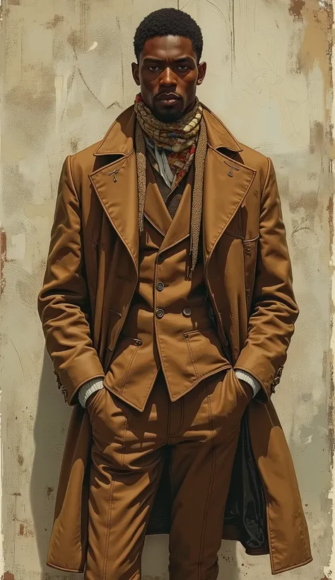 araffe black man in a brown suit and white shirt standing in front of a wall, wearing a worn out brown suit, detailed style, wearing a brown, style of ian hubert, style of seb mckinnon, brown clothes, wearing a colorful men's suit, wearing a brown leather coat, brown jacket, wearing off - white style, dressed in 1970s menswear