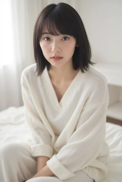 Create an image of an exceptionally beautiful Japanese girl with fair skin. She is sitting in her white room, wearing comfortable loungewear. Her straight, semi-short hair frames her face softly. The ambiance is enhanced by cinematic lighting, creating a c...