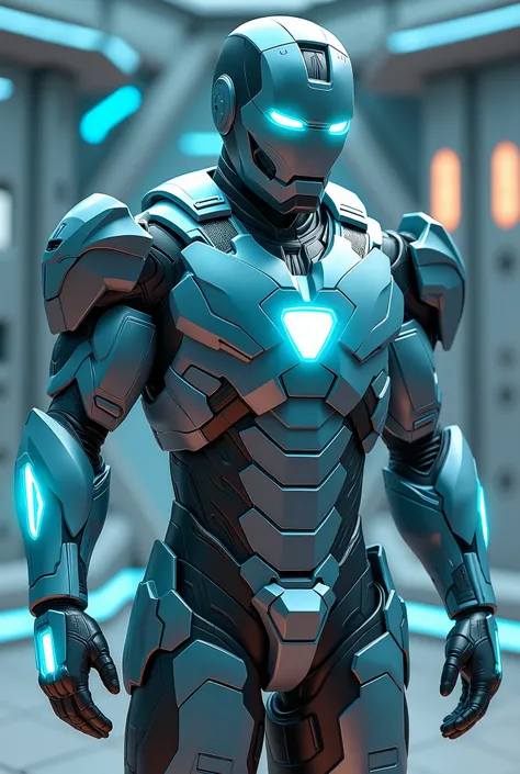 Tony Stark, white armor, but futuristicly re-imagined, light blue neon, armor-like appearance, photo-realistic, octane render, unreal engine, ultra-realistic