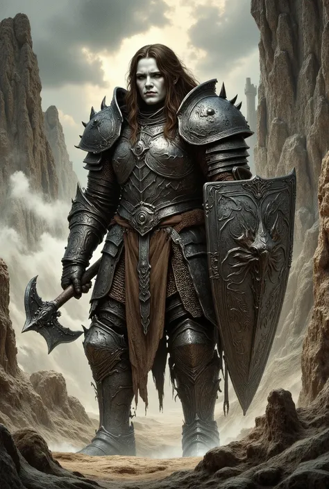 A large muscular female paladin dressed in darkly etched fullplate armour has a nasty grin and long brown lank hair. Her skin is white, her eyes are light green, and her face is tired and depressed. She has a large crescent axe and a tower shield decorated...