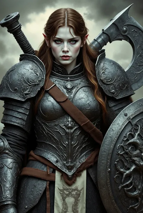 A large muscular female paladin dressed in darkly etched fullplate armour has a nasty grin and long brown lank hair. Her skin is white, her eyes are light green, and her face is tired and depressed. She has a large crescent axe and a tower shield decorated...