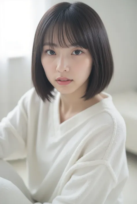 Create an image of an exceptionally beautiful Japanese girl with fair skin. She is sitting in her white room, wearing comfortable loungewear. Her straight, semi-short hair frames her face softly. The ambiance is enhanced by cinematic lighting, creating a c...