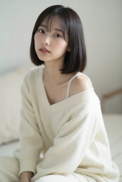 Create an image of an exceptionally beautiful Japanese girl with fair skin. She is sitting in her white room, wearing comfortable loungewear. Her straight, semi-short hair frames her face softly. The ambiance is enhanced by cinematic lighting, creating a c...