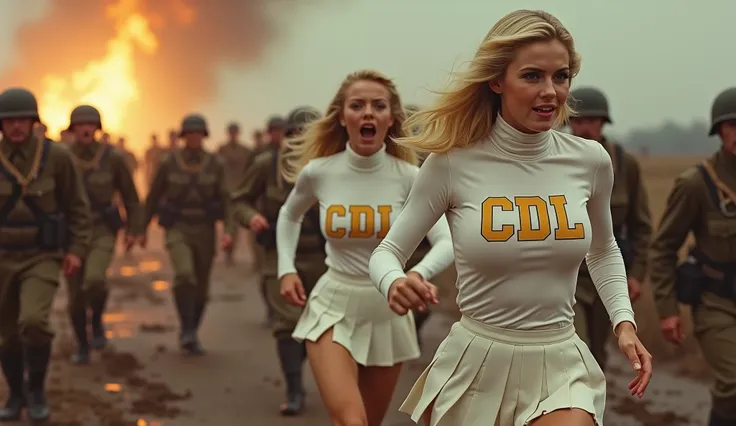 Profile of gorgeous blonde busty 1960s cheerleaders dressed in tight-fitting white turtlenecks with gold "CDL" lettering in collegiate-style font, flat saddle shoes and short white pleated skirts, screaming in hurt, tumbling haphazardly as they are running...