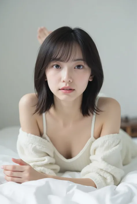 Create an image of an exceptionally beautiful Japanese girl with fair skin. She is lying on the floor in her white room, wearing comfortable loungewear. Her straight, semi-short hair frames her face softly. The ambiance is enhanced by cinematic lighting, c...