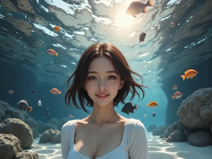 (photorealistic、Best Quality,4K,8k,high resolution,masterpiece:1.2),(Realistically accurate portrayals with detailed details,Full live-action version,photorealistic:1.5), (((RAW PHOTO, very detailed, beautiful girl swims underwater, white one-piece swimsu...