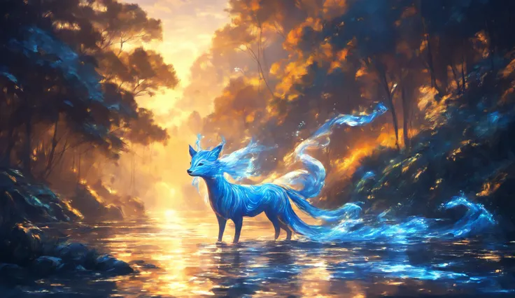 A serene river spirit emerging from the water, with flowing striped patterns resembling the surrounding aquatic life. The scene is set at dusk, with the warm sun casting a golden glow on the water. The style is impressionist, with soft brushstrokes and nat...