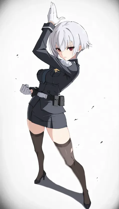 ((masterpiece)), (best quality), 1girl, solo, Simple background, temptation, delicate face, Battle Pose , Thomas slalom kick, full body, silver short hair, long sideburn, Disdainful Eyes, Black Stockings, Damaged black police uniform, medium breasts, sty...