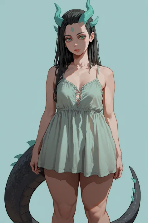 1 girl, long black hair, turquoise forehead horns, dragon's tail, black scales, voluptuous, small breasts, thick thighs, standing, very loose dress oversized, simple background 