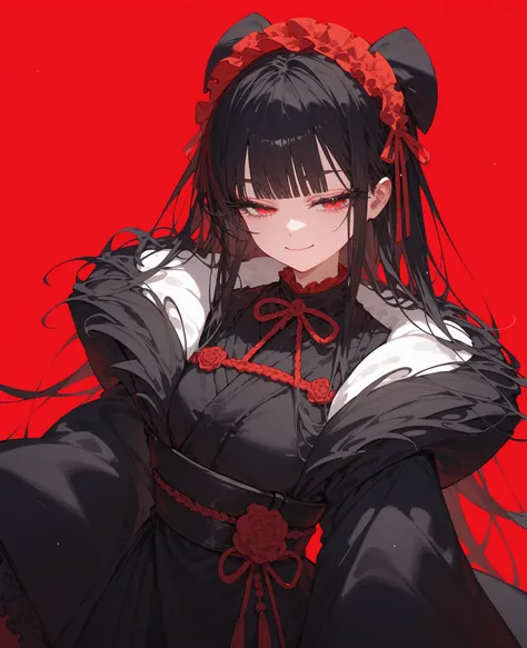 ,ผมสีดำ,in red eyes,long hair,, wear gloves,Fierce face,Long Eyelashes,Oversized coat, black hair,light red background,cute,Kimono , gothic lolita , half eyes,smile