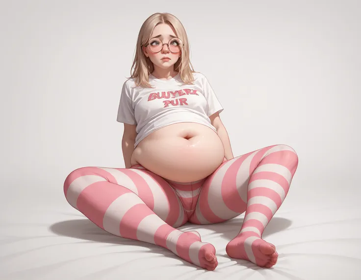 , (1 girl burping and blushing and bloated), (shirt too small for belly:1.3), () (1girl poking her belly:1.2), (),, ()  (ugly 18-year-old brown-haired woman, round glasses, colorful striped pantyhose and bare feet) .score_9, score_8_up, score_7_up, (wearin...