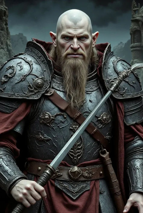 A large muscular female dwarf paladin dressed in darkly etched fullplate armour has a sad smile and a shaven bald head. Her skin is white, her eyes are light green, and her face is tired and depressed. She has a large crescent axe and a tower shield decora...